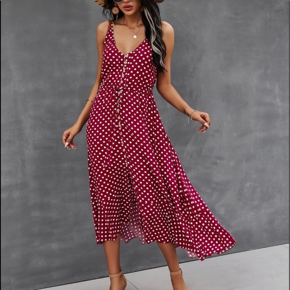 Boho Button Up V Neck Tie Polka Dot Dress NAVY BLUE - Picture 8 of 12